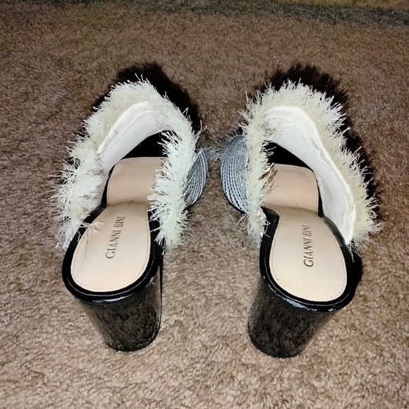 Gianni Bini (Size 9.5M) Frayed Striped Pattern Slipon Peep Toe Mule Chunky Heels - Picture 10 of 13